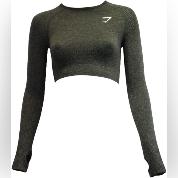 Gymshark Women’s Top Green Vital Seamless 2.0 Long Sleeve Cropped - Picture 1 of 4